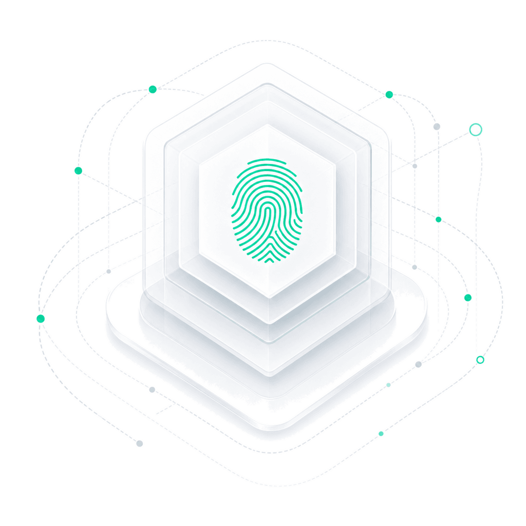 Stylized mint thumbprint inside layered glass hexagons. Authority stays with the person.